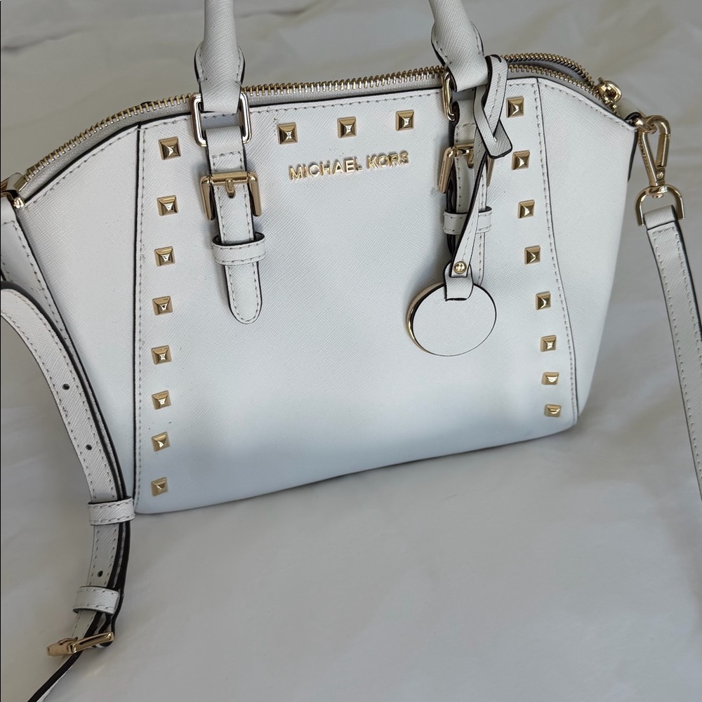 Michael Kors Ciara Optic White Studded MD Messenger Leather